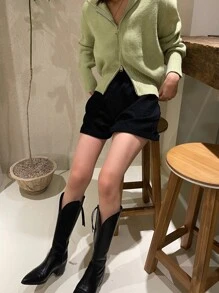 DAZY Rib Knit Zipper Hooded Cardigan - Lime Green - View 7