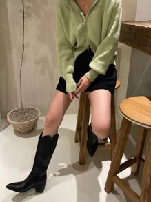 DAZY Rib Knit Zipper Hooded Cardigan - Lime Green - View 8