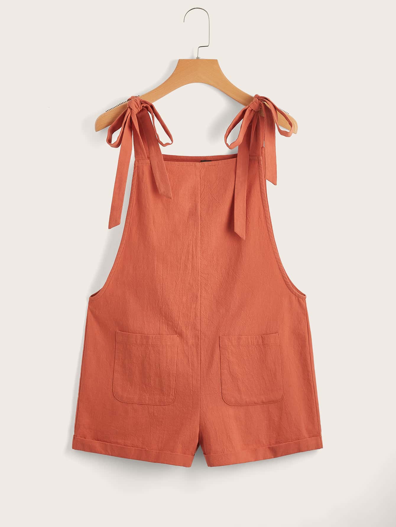 SHEIN EZwear Knot Strap Pocket Patched Pinafore Romper - Burnt Orange - View 1