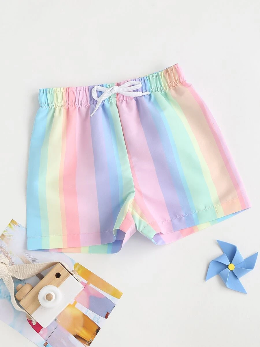 Young Boy Rainbow Stripe Beach Shorts - Multicolor - View 1