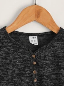 SHEIN Boys Button Detail Marled Knit Tee - Black - View 3
