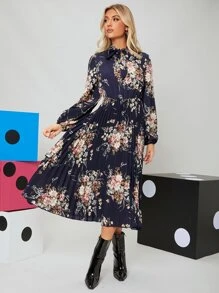 SHEIN Clasi 繫帶領燈籠袖百褶花卉連衣裙 - 彩色 - 查看 1