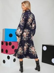 SHEIN Clasi 繫帶領燈籠袖百褶花卉連衣裙 - 彩色 - 查看 2