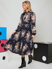 SHEIN Clasi 繫帶領燈籠袖百褶花卉連衣裙 - 彩色 - 查看 3