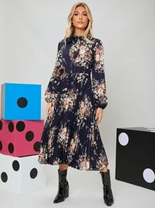 SHEIN Clasi 繫帶領燈籠袖百褶花卉連衣裙 - 彩色 - 查看 4