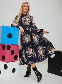 SHEIN Clasi 繫帶領燈籠袖百褶花卉連衣裙 - 彩色 - 查看 6