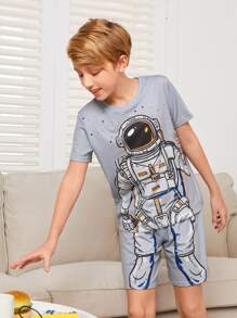 SHEIN Boys Astronaut Print Tee & Shorts Lounge Set - Light Grey - View 1