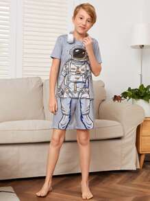 SHEIN Boys Astronaut Print Tee & Shorts Lounge Set - Light Grey - View 3