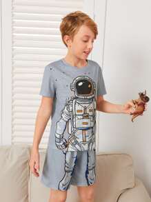 SHEIN Boys Astronaut Print Tee & Shorts Lounge Set - Light Grey - View 4