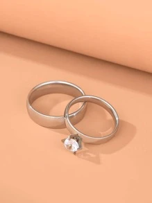 2pcs Fashionable Cubic Zirconia Inlaid Stainless Steel Couple Rings, Ideal For Wedding - Silver - View 1