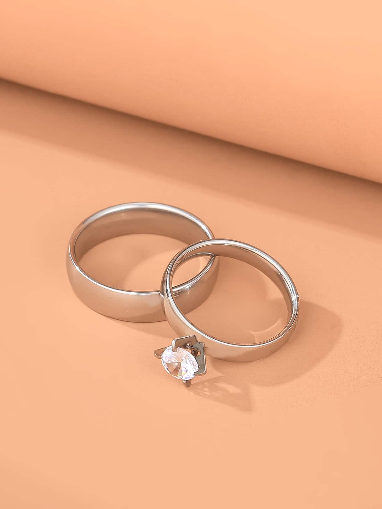 2pcs Fashionable Cubic Zirconia Inlaid Stainless Steel Couple Rings, Ideal For Wedding - Silver - View 1