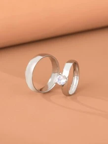 2pcs Fashionable Cubic Zirconia Inlaid Stainless Steel Couple Rings, Ideal For Wedding - Silver - View 2