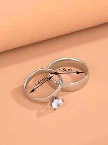 2pcs Fashionable Cubic Zirconia Inlaid Stainless Steel Couple Rings, Ideal For Wedding - Silver - View 3