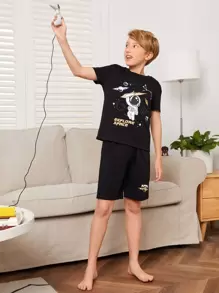 SHEIN Đồ mặc nhà Trai Thiên hà Slogan Giải trí - màu đen - Xem 1