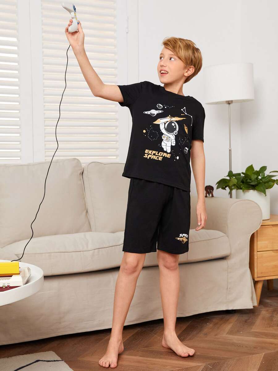 SHEIN Đồ mặc nhà Trai Thiên hà Slogan Giải trí - màu đen - Xem 1