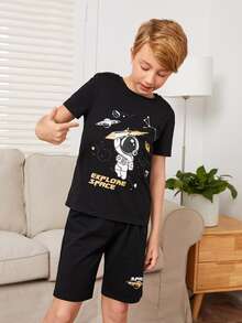 SHEIN Đồ mặc nhà Trai Thiên hà Slogan Giải trí - màu đen - Xem 3