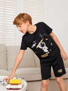 SHEIN Đồ mặc nhà Trai Thiên hà Slogan Giải trí - màu đen - Xem 4