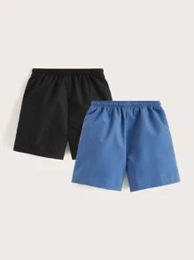 SHEIN Quần short bé trai Dây kéo Túi màu trơn Giải trí - Màu xanh lam - Xem 2