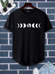 Manfinity 男士月亮印花高低下擺T恤 - 黑色 - 查看 1