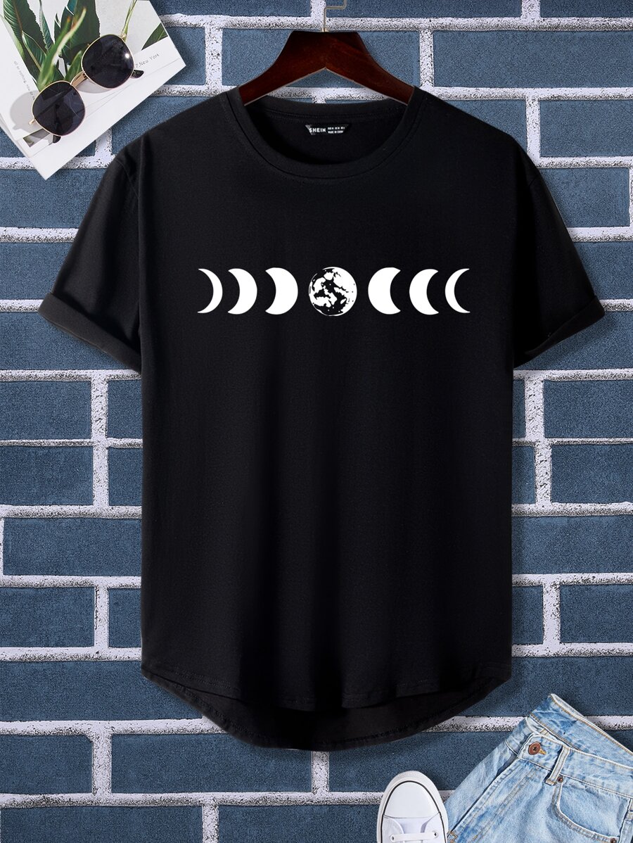 Manfinity 男士月亮印花高低下擺T恤 - 黑色 - 查看 1