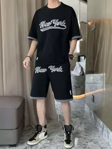 Hombres con estampado de letra ribete en contraste Camiseta & con diseño de parche Set shorts - Negro - Ver 1