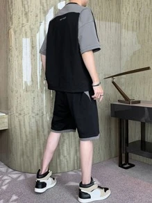 Hombres con estampado de letra ribete en contraste Camiseta & con diseño de parche Set shorts - Negro - Ver 2