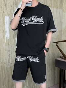 Hombres con estampado de letra ribete en contraste Camiseta & con diseño de parche Set shorts - Negro - Ver 3