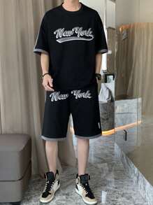 Hombres con estampado de letra ribete en contraste Camiseta & con diseño de parche Set shorts - Negro - Ver 4