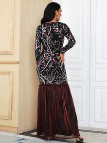 Missord Contrast Sequins Floral Mesh Overlay Bodycon Dress