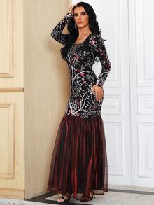 Missord Contrast Sequins Floral Mesh Overlay Bodycon Dress