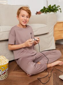 SHEIN Boys Tropical Print Drop Shoulder Tee & Trousers PJ Set - Dusty Purple - View 1