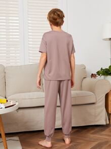 SHEIN Boys Tropical Print Drop Shoulder Tee & Trousers PJ Set - Dusty Purple - View 2