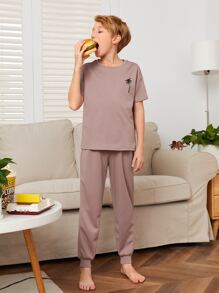 SHEIN Boys Tropical Print Drop Shoulder Tee & Trousers PJ Set - Dusty Purple - View 4