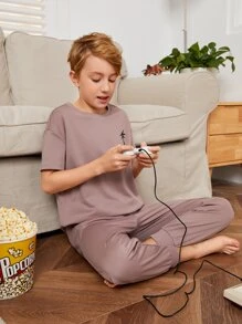 SHEIN Boys Tropical Print Drop Shoulder Tee & Trousers PJ Set - Dusty Purple - View 5