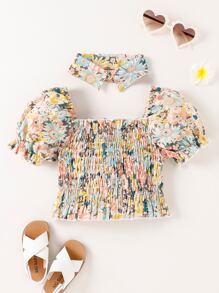 小女童印花泡泡袖打褶襯衫帶假領子 - 彩色 - 查看 1