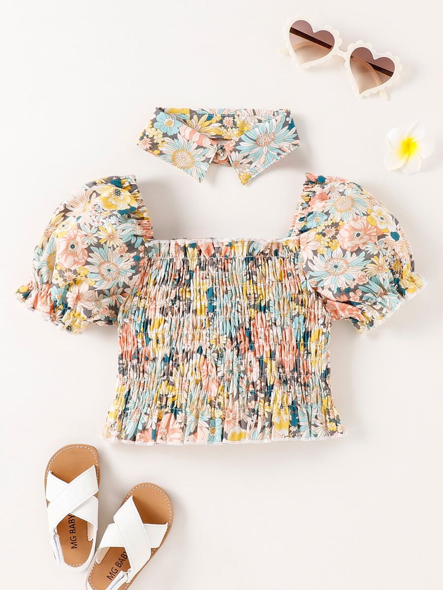 小女童印花泡泡袖打褶襯衫帶假領子 - 彩色 - 查看 1