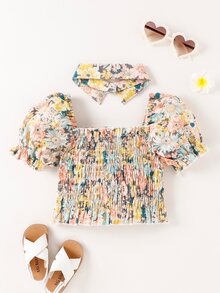 小女童印花泡泡袖打褶襯衫帶假領子 - 彩色 - 查看 2