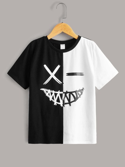 SHEIN Tween Boy Contrast Color Patchwork Smiling Face Print Short Sleeve T-Shirt, Casual Summer