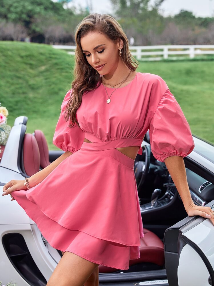 SHEIN WYWH 鏤空後綁帶燈籠袖多層下擺連衣裙 - 西瓜粉 - 查看 1