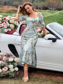 GENKIRA 隨機花朵印花緊身上衣褶邊連衣裙 - 薄荷藍 - 查看 1