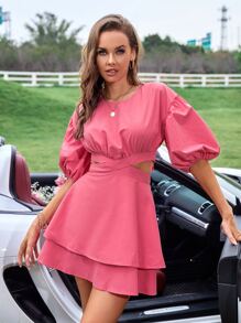 SHEIN WYWH 鏤空後綁帶燈籠袖多層下擺連衣裙 - 西瓜粉 - 查看 3