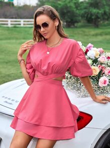 SHEIN WYWH 鏤空後綁帶燈籠袖多層下擺連衣裙 - 西瓜粉 - 查看 5