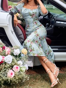 GENKIRA 隨機花朵印花緊身上衣褶邊連衣裙 - 薄荷藍 - 查看 4