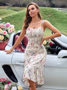 SHEIN VCAY Random Floral Print Tie Shoulder Ruffle Hem Cami Dress - White - View 4