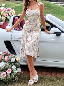 SHEIN VCAY Random Floral Print Tie Shoulder Ruffle Hem Cami Dress - White - View 5