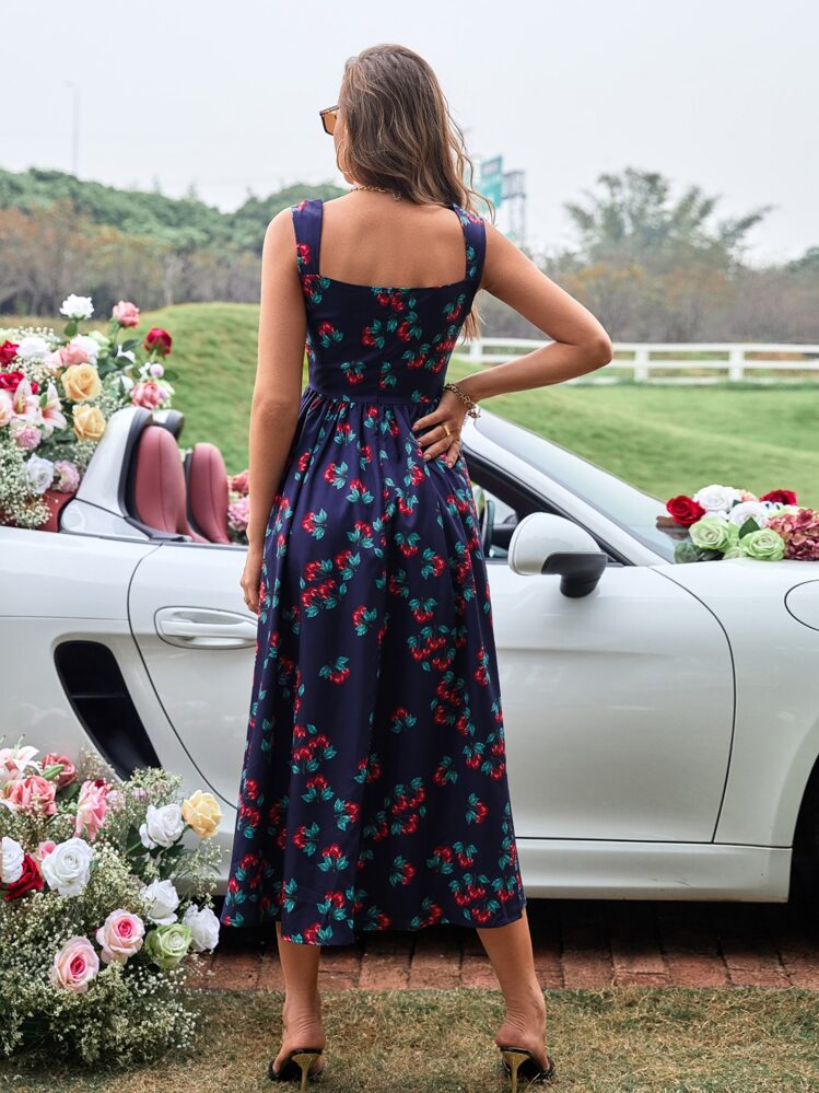 Cherry Print Eyelet Embroidery Trim Knot Front Cut Out Cami Dress