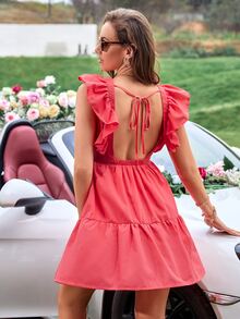 Ruffle Trim Tie Backless Dress - Pink - View 2