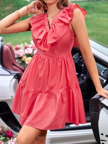 Ruffle Trim Tie Backless Dress - Pink - View 5