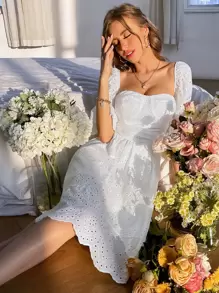 SHEIN Unity Vestido con bordado con ojal de manga con volante ribete en abanico bajo con fruncido - Blanco - Ver 1