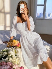 SHEIN Unity Vestido con bordado con ojal de manga con volante ribete en abanico bajo con fruncido - Blanco - Ver 3